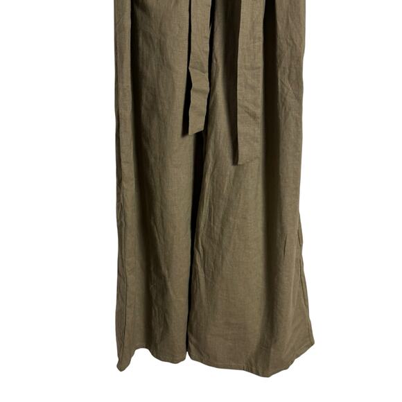 Tahari Olive Green Linen Blend Sleeveless V-Neck Belted Tie Waist Jumpsuit 4 - Picture 5 of 9